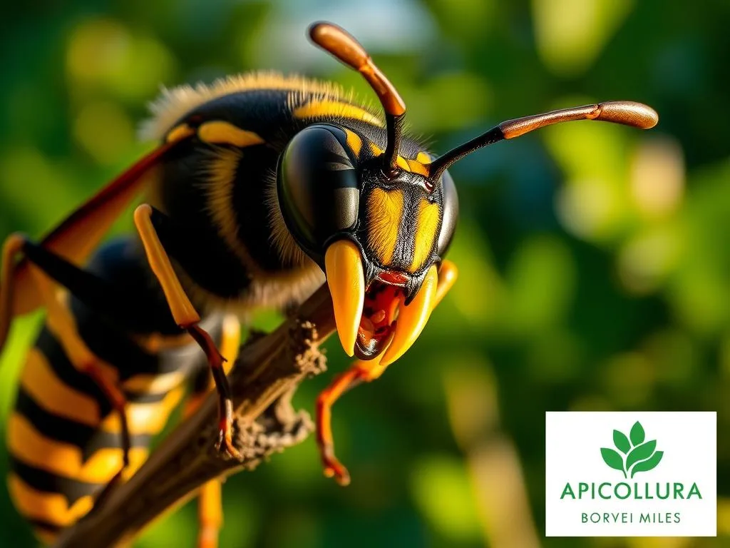 A close-up image of a large, menacing calabrone (hornet) perched on a branch, its black and yellow striped body gleaming in the warm afternoon sunlight. The creature's large, intimidating mandibles are partially open, revealing its sharp, serrated jaws. In the blurred background, out-of-focus green foliage suggests a lush, verdant forest setting. The image conveys a sense of power and danger, befitting the calabrone's reputation as a formidable predator. The APICOLTURA BORVEI MIELE logo is prominently displayed in the lower right corner of the frame.