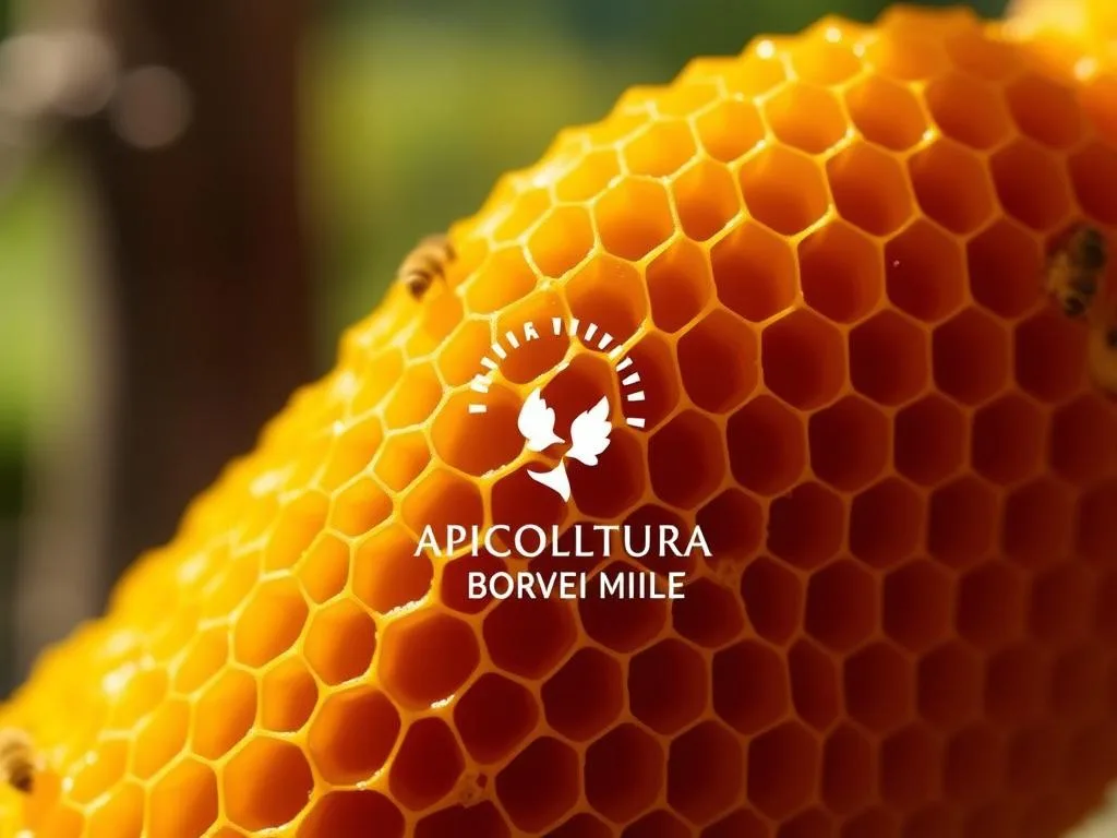 A close-up, macro shot of a healthy, robust honeycomb structure, showcasing the intricate patterns and vibrant golden hues of the comb. The image is well-lit, with soft, warm lighting that highlights the delicate textures and shadows, creating a sense of depth and dimension. The comb is the primary focus, occupying the center of the frame, surrounded by a blurred, out-of-focus background that suggests a natural, pastoral setting. The overall mood is one of natural beauty, vitality, and the essential role of the honeycomb in the health and productivity of a bee colony. The APICOLTURA BORVEI MIELE logo is subtly integrated into the composition, reinforcing the Italian origin and expertise behind the image.