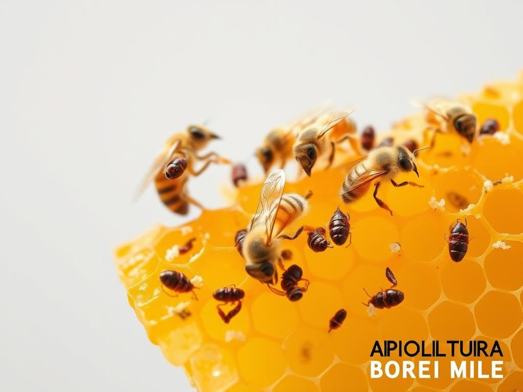 A close-up macro shot of a varroa mite infestation on a honeycomb, showcasing the parasitic mites clinging to the comb and worker bees. The image should have a clinical, diagnostic feel, with crisp focus, natural lighting, and a neutral color palette. Emphasis should be on the varroa mites themselves, their size, shape, and the extent of the infestation. The background should be minimalist, allowing the viewer to focus on the details of the mites and the affected comb. Include the APICOLTURA BORVEI MIELE branding in a subtle, non-intrusive manner.