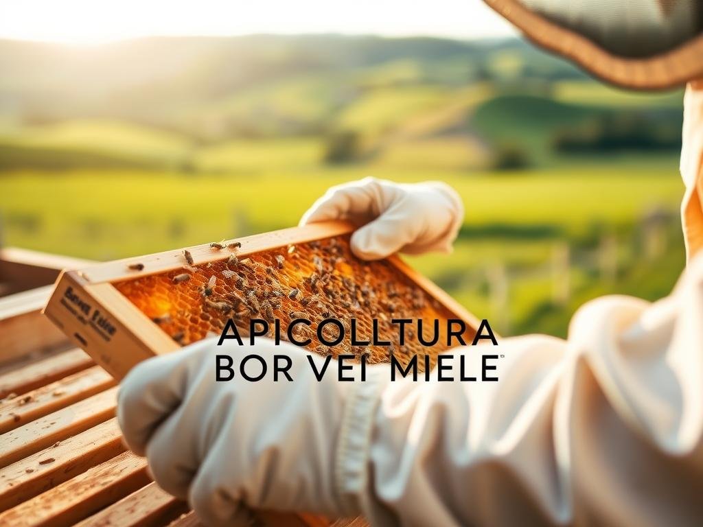 A close-up of a beekeeper's gloved hands carefully inspecting a wooden beehive frame, showcasing the intricate details of the honeycomb and the delicate care required for proper hive management. The scene is bathed in warm, natural lighting, capturing the serene atmosphere of an apiary. In the background, a blurred vista of lush, verdant fields and rolling hills creates a peaceful, pastoral setting. The logo "APICOLTURA BORVEI MIELE" is subtly incorporated, reflecting the professional and high-quality nature of the beekeeping operation. A close-up of a beekeeper's gloved hands carefully inspecting a wooden beehive frame, showcasing the intricate details of the honeycomb and the delicate care required for proper hive management. The scene is bathed in warm, natural lighting, capturing the serene atmosphere of an apiary. In the background, a blurred vista of lush, verdant fields and rolling hills creates a peaceful, pastoral setting. The logo "APICOLTURA BORVEI MIELE" is subtly incorporated, reflecting the professional and high-quality nature of the beekeeping operation.