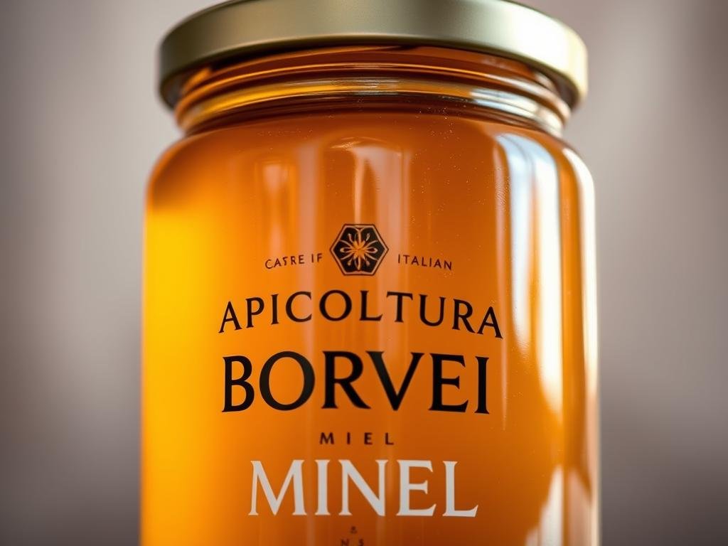 A close-up of a glass jar filled with golden, viscous honey. The jar is labeled "APICOLTURA BORVEI MIELE", reflecting the artisanal Italian honey brand. Delicate rays of warm, natural light illuminate the honey's glistening surface, casting subtle reflections. The jar is set against a soft, blurred background, conveying a sense of purity and quality. The overall composition and lighting evoke a feeling of artisanal craftsmanship and urban provenance, perfectly capturing the essence of "qualità miele" in an urban setting.
