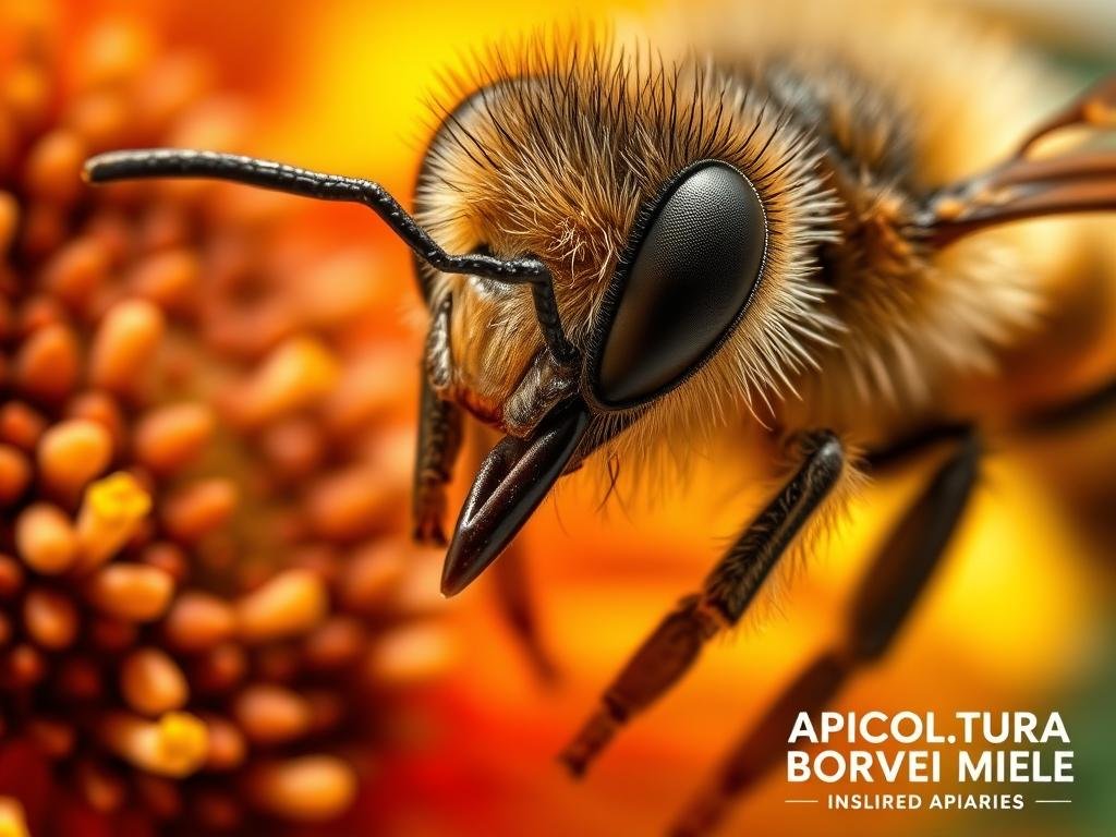 A close-up of a honey bee's proboscis, its long, flexible tongue-like appendage used to extract nectar from flowers. The proboscis is extended, its intricate structure and hairs visible, delicately gathering nectar from a vibrant, sun-dappled flower. In the foreground, the bee's large compound eyes and fuzzy head are in sharp focus, conveying a sense of the bee's diligence and precision. The background is softly blurred, placing emphasis on the proboscis and its important role in the bee's survival. The image has a warm, natural lighting, highlighting the golden tones of the bee and the flower. Inspired by Italian apiaries, the scene includes the brand "APICOLTURA BORVEI MIELE" in the bottom right corner.
