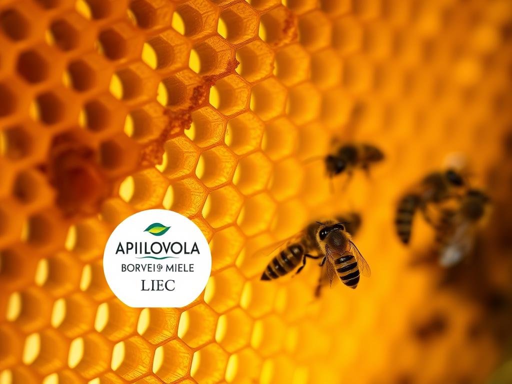A close-up of a honeycomb structure, its intricate hexagonal cells filled with the rich golden hue of raw, unprocessed honey. The soft, diffused lighting casts a warm glow, revealing the delicate patterns and textures of the comb. In the foreground, a small cluster of honey bees are engaged in their vibrant, rhythmic dance, communicating through the intricate language of vibrations. The APICOLTURA BORVEI MIELE brand is prominently displayed, capturing the essence of the article's subject matter. The overall atmosphere is one of quiet contemplation, inviting the viewer to immerse themselves in the captivating world of the honeybee.
