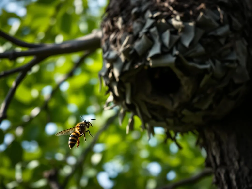 A close-up of a large hornet's nest, its papery gray exterior contrasting against a blurry green foliage backdrop. The nest is perched on a sturdy tree branch, casting an ominous presence. In the foreground, a single angry hornet, its barbed stinger visible, hovers menacingly, ready to strike. The lighting is dramatic, with deep shadows and highlights that emphasize the texture and hazardous nature of the scene. The overall mood is one of danger and foreboding, captured with a professional-grade camera lens. Apicoltura