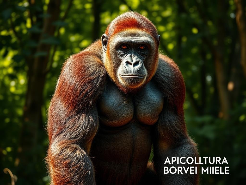 A close-up of a large, majestic ape adult standing upright, exuding a sense of power and intelligence. The ape's fur is a rich, deep brown, with highlights and shadows that accentuate its muscular physique. The background is a lush, verdant forest, with sunlight filtering through the canopy, casting a warm, naturalistic glow. The ape's gaze is direct and intense, as if it is observing the viewer with a keen, inquisitive expression. The overall composition and lighting evoke a sense of awe and reverence for the ape's impressive presence. In the bottom right corner, the text "APICOLTURA BORVEI MIELE" is discreetly displayed.