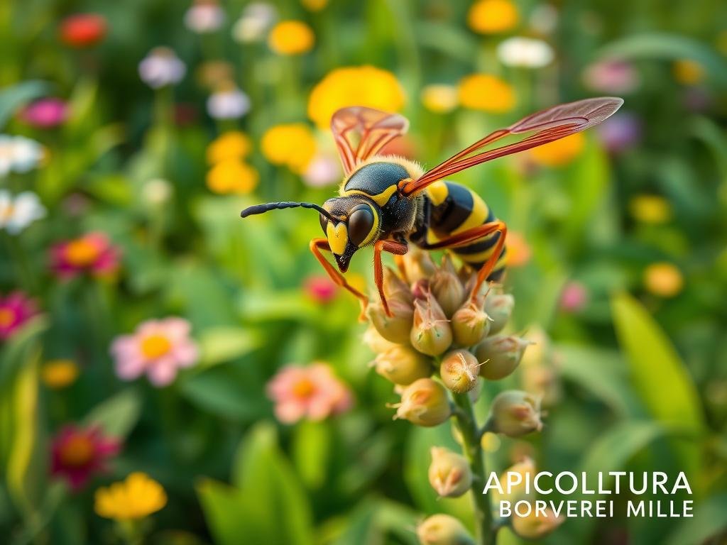 A close-up of a wasp perched on a plant, its wings spread, vigilantly surveying its domain. The wasp's intricate black and yellow striped body is in sharp focus, its compound eyes glinting with a focused intensity. Surrounding the wasp, a lush garden bursting with vibrant greens and colorful flowers, creating a serene, natural setting. Soft, diffused lighting casts a warm, golden glow, highlighting the wasp's strategic position as it carefully monitors for any potential threats to the garden. In the bottom right corner, the APICOLTURA BORVEI MIELE brand name is subtly incorporated, reinforcing the theme of insects and their role in the natural world.