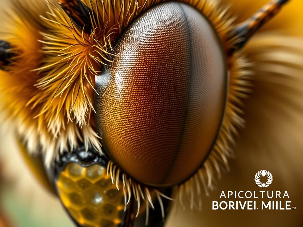 A close-up of the highly complex, multi-faceted compound eyes of a honey bee, capturing their remarkable ability to perceive a broader spectrum of colors than humans. The eyes are depicted with intricate, faceted lenses in shades of gold, amber, and ochre, revealing the bee's ultra-sensitive visual system. The image is shot from a low angle, emphasizing the textured, spherical shape of the eyes and the delicate, translucent eyelashes. The lighting is soft and diffused, casting a warm, natural glow that highlights the depth and detail of the eyes. In the background, the logo "APICOLTURA BORVEI MIELE" is subtly incorporated, connecting the image to the theme of beekeeping and honey production.