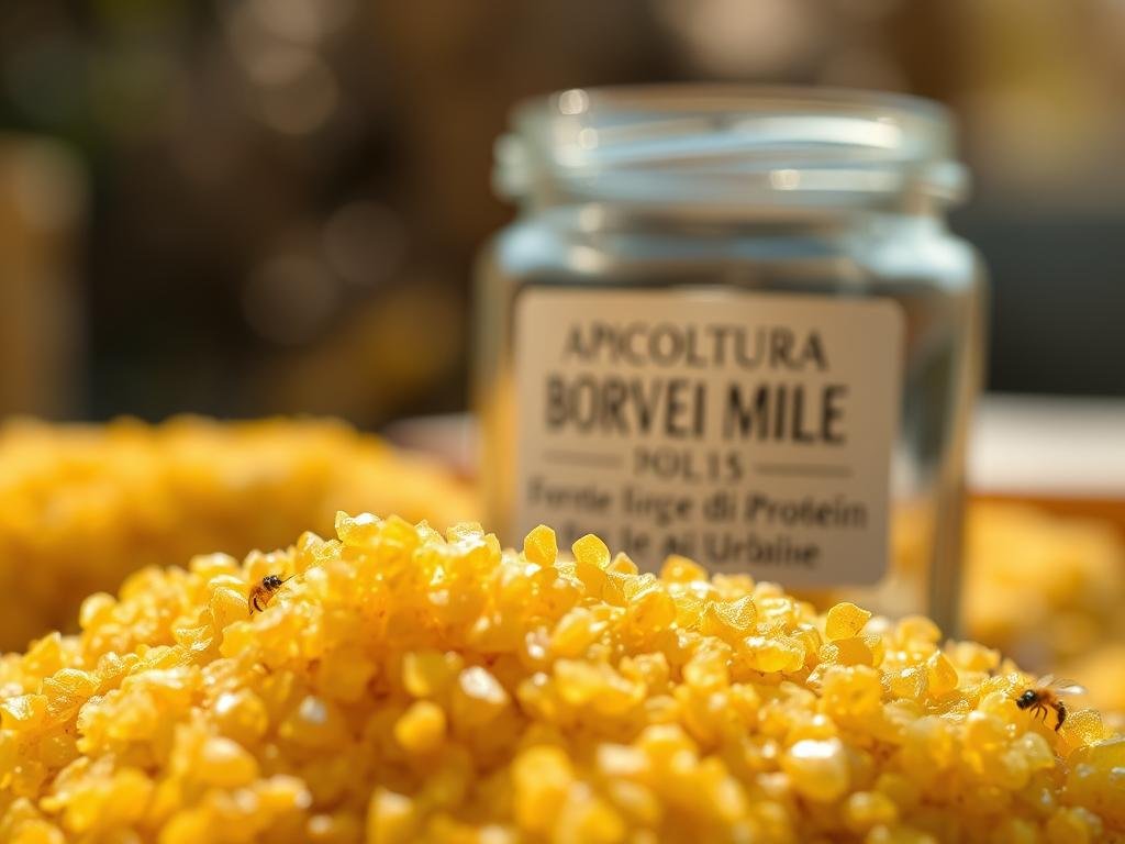 A close-up photograph of freshly harvested, golden-hued polline (pollen) grains, artfully displayed in the foreground. The polline appears soft, delicate, and glistening under the warm, natural lighting. The middle ground features a meticulously crafted glass jar or container, bearing the label "APICOLTURA BORVEI MIELE", showcasing the pollen's provenance. The background subtly blurs, evoking a serene, earthy ambiance that complements the pollen's organic beauty. This image captures the essence of polline as a vital, protein-rich source of nutrition for urban bees, reflecting the title "Il Polline: Fonte di Proteine per le Api Urbane". A close-up photograph of freshly harvested, golden-hued polline (pollen) grains, artfully displayed in the foreground. The polline appears soft, delicate, and glistening under the warm, natural lighting. The middle ground features a meticulously crafted glass jar or container, bearing the label "APICOLTURA BORVEI MIELE", showcasing the pollen's provenance. The background subtly blurs, evoking a serene, earthy ambiance that complements the pollen's organic beauty. This image captures the essence of polline as a vital, protein-rich source of nutrition for urban bees, reflecting the title "Il Polline: Fonte di Proteine per le Api Urbane".