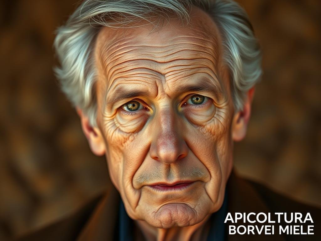 A close-up portrait of Karl von Frisch, the pioneering Austrian ethologist and Nobel laureate, captured in a warm, natural lighting. His piercing gaze and thoughtful expression convey a sense of intellectual focus and scientific curiosity. The background is a blurred, earthy tone, subtly hinting at the bee-filled landscapes that inspired his revolutionary discoveries on the dance language of honeybees. The composition is carefully balanced, drawing the viewer's attention to von Frisch's face and eyes. APICOLTURA BORVEI MIELE is prominently featured in the bottom right corner, providing a visual link to the subject matter.