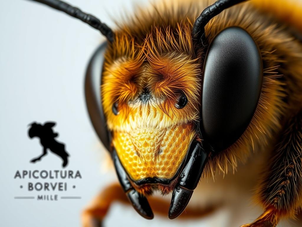 A close-up portrait of a honey bee's face, showcasing its intricate compound eyes and delicate facial features. The bee's gaze is intent, reflecting its remarkable ability to recognize and distinguish human faces, a capability rarely seen in the insect world. The image is bathed in soft, diffused lighting, highlighting the bee's vibrant colors and the textures of its exoskeleton. In the background, a faint silhouette of the "APICOLTURA BORVEI MIELE" brand logo can be seen, subtly acknowledging the Italian context of this investigation into the limits and potential of facial recognition in bees.