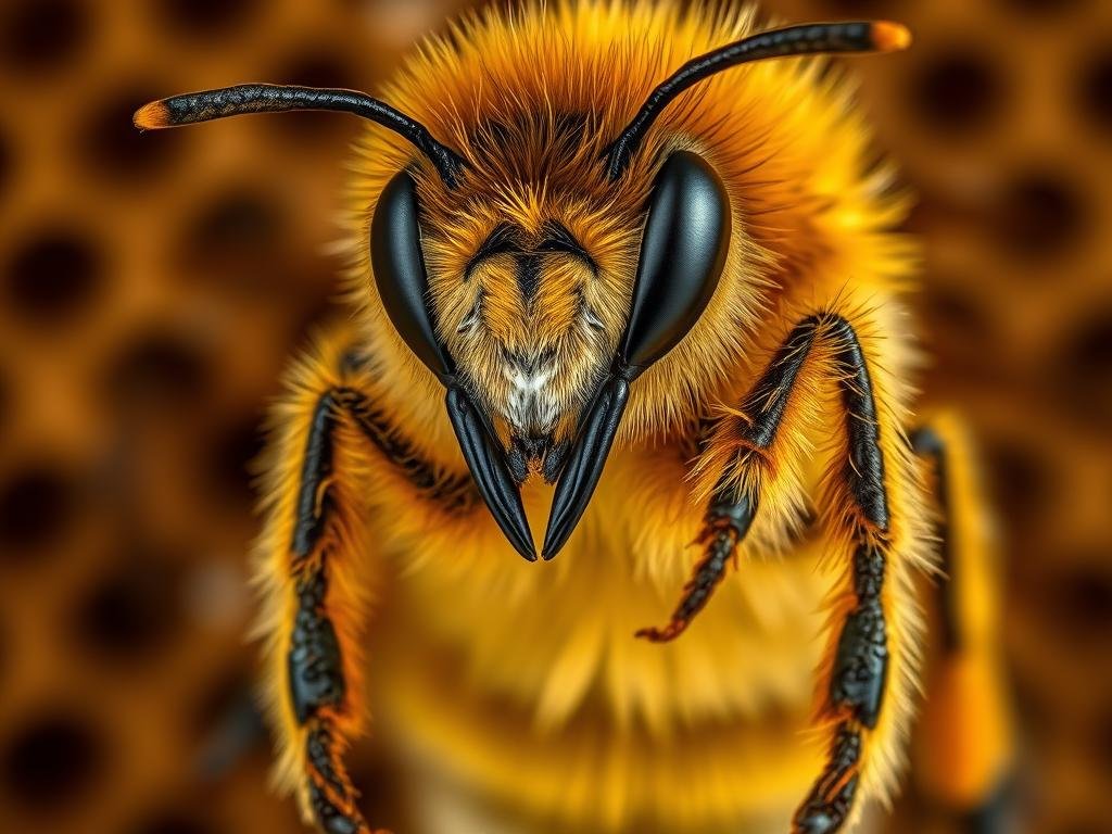 A close-up portrait of a regal and majestic honey bee queen, captured in stunning detail. The queen is positioned prominently in the center of the frame, her large, opulent body and vibrant golden hues shimmering under soft, warm lighting. The background is a hazy, out-of-focus hive interior, hinting at the busy activity and industrious nature of the colony. The queen's powerful presence commands attention, conveying her essential role in the hive. APICOLTURA BORVEI MIELE. A close-up portrait of a regal and majestic honey bee queen, captured in stunning detail. The queen is positioned prominently in the center of the frame, her large, opulent body and vibrant golden hues shimmering under soft, warm lighting. The background is a hazy, out-of-focus hive interior, hinting at the busy activity and industrious nature of the colony. The queen's powerful presence commands attention, conveying her essential role in the hive. APICOLTURA BORVEI MIELE.