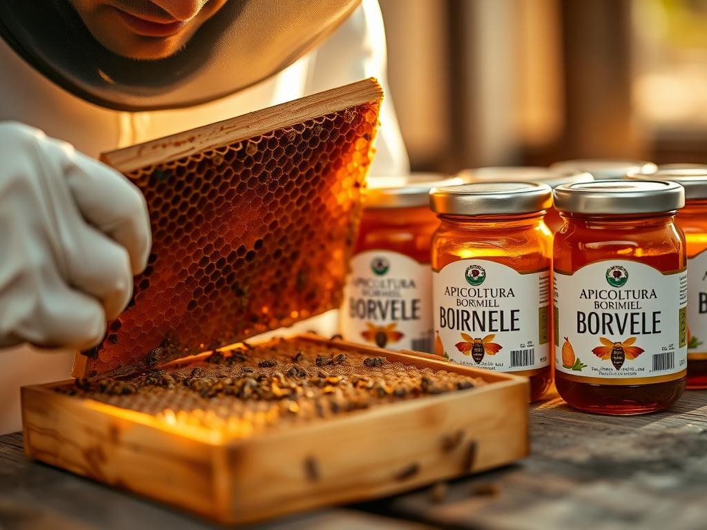 A close-up shot of a beekeeper in a protective suit examining a honeycomb frame, showcasing the intricate details and patterns of the comb. In the background, jars of APICOLTURA BORVEI MIELE, the brand of honey, are neatly arranged on a wooden surface, highlighting the quality and source of the product. The image is bathed in warm, golden lighting, creating a natural and inviting atmosphere, reflecting the care and attention given to the honey production process.