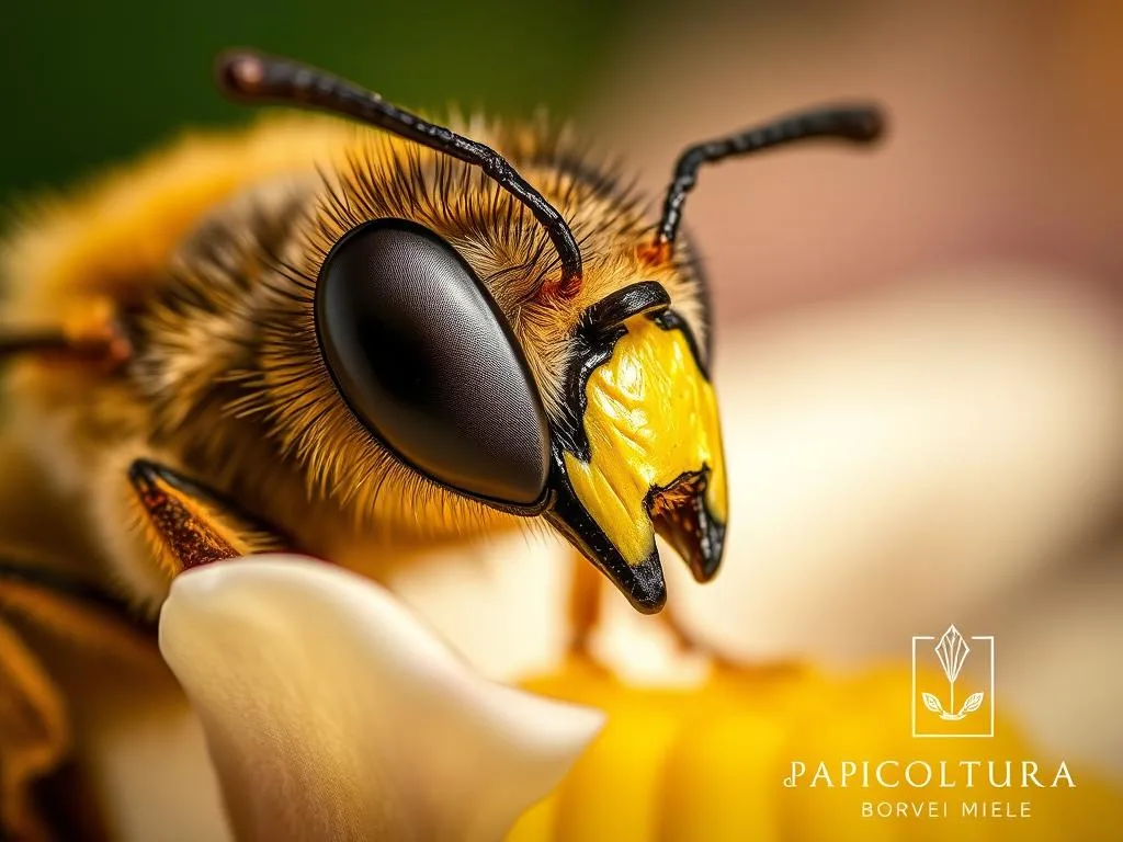 A close-up shot of a bee's compound eye and proboscis, capturing the intricate details and textures. The bee is perched on a flower petal, its yellow and black striped abdomen visible. The background is blurred, creating a soft, dreamy atmosphere. The lighting is warm and natural, with gentle shadows accentuating the insect's features. In the bottom right corner, the "APICOLTURA BORVEI MIELE" logo is subtly incorporated, adding a touch of authenticity to the image.