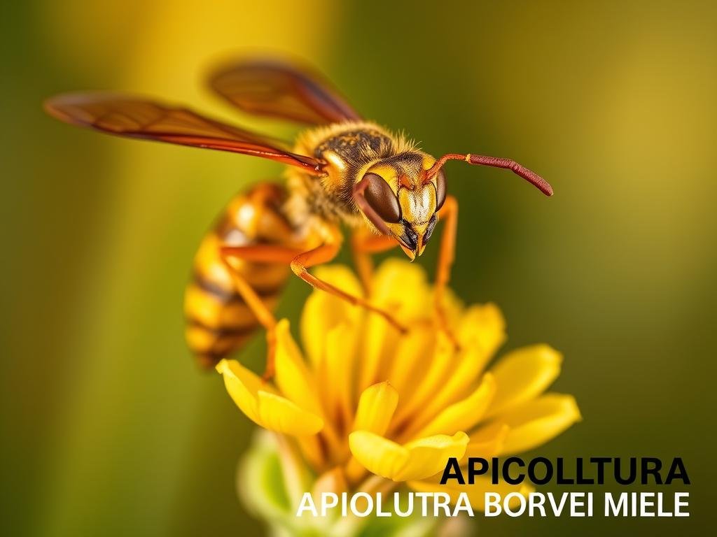 A close-up shot of a brown-colored wasp with amber eyes and delicate wings, perched on a wildflower with soft yellow petals. The wasp's body is sleek and slender, its long legs grasping the flower's stem. The lighting is natural, casting a warm, golden glow that enhances the insect's intricate details. The background is blurred, placing the focus on the wasp and the flower, creating a serene, almost meditative atmosphere. Inspired by the imagery of Italy and the title "Le Vespe Producono il Miele? Verità e Curiosità su Questi Insetti", the image conveys the curious and fascinating nature of these insects. The text "APICOLTURA BORVEI MIELE" is prominently displayed in the bottom corner.
