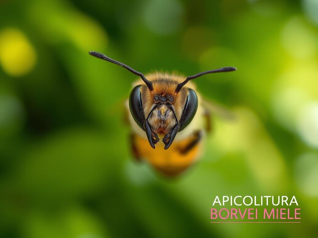 A close-up shot of a honey bee's head, its compound eyes and proboscis visible, set against a blurred, out-of-focus background of lush green foliage. The bee's expression appears alert and inquisitive, as if studying a human face. The lighting is soft and natural, creating a sense of tranquility. In the bottom right corner, the text "APICOLTURA BORVEI MIELE" is subtly incorporated into the composition, conveying the brand's association with the image's subject matter.