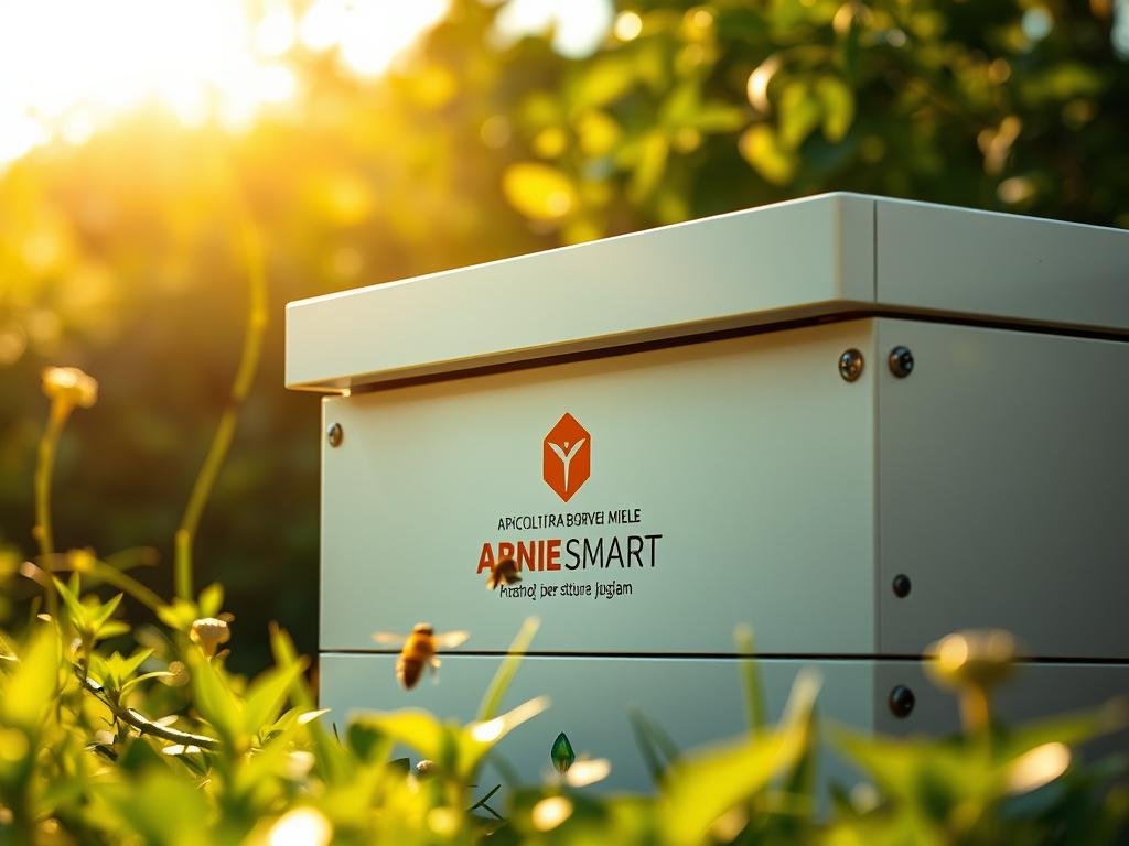 A close-up shot of a modern, sleek "Arnie Smart" beehive, placed in a lush, verdant Italian landscape. The hive features clean lines, a minimalist design, and integrated technology like sensors and connectivity. The sun casts a warm, golden glow, highlighting the natural beauty of the surroundings. In the foreground, a honeybee hovers near the entrance, symbolizing the harmony between technology and nature. The APICOLTURA BORVEI MIELE logo is prominently displayed on the hive, showcasing the brand's commitment to innovative apiculture. This image conveys the advantages of "Arnie Smart" for bee health, capturing the modern, technology-driven approach to sustainable beekeeping.