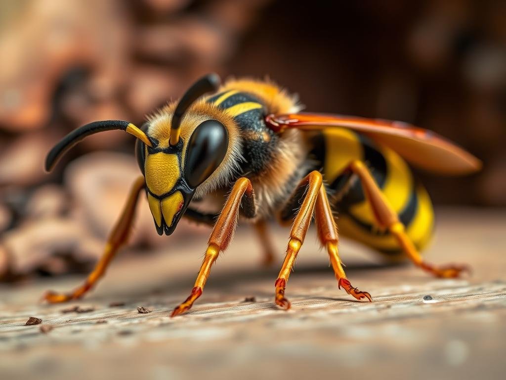 A close-up shot of the European hornet (Vespa crabro), a large and robust species of wasp native to Europe. The hornet is depicted resting on a wooden surface, its distinctive yellow and black striped abdomen and large mandibles clearly visible. The background is softly blurred, with hints of a natural setting such as foliage or a tree trunk, creating a sense of depth and focus on the insect. The lighting is warm and natural, accentuating the hornet's intricate textures and colors. Captured with a macro lens, this image provides a detailed and striking representation of this common yet imposing European wasp species. APICOLTURA BORVEI MIELE