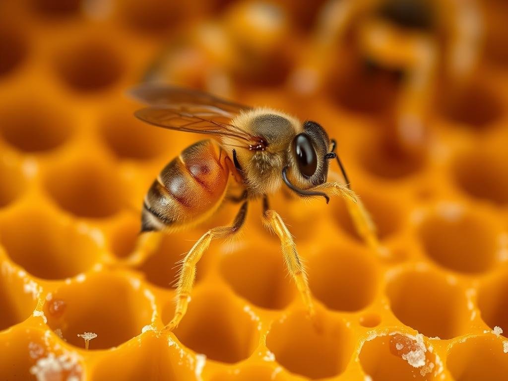 A close-up view of a Varroa mite, a devastating parasite that infests and weakens honey bee colonies. The mite is depicted in high detail, showcasing its segmented body, eight legs, and characteristic pear-shaped appearance. The background features a hive interior, with the warm, golden tones of the honeycomb and the intricate patterns of the comb structure visible. The lighting is soft and diffused, creating a sense of scientific observation and study. The overall composition conveys the damaging effects of the Varroa mite on the delicate ecosystem of the beehive, emphasizing the urgency to address this threat to APICOLTURA BORVEI MIELE's honey production.