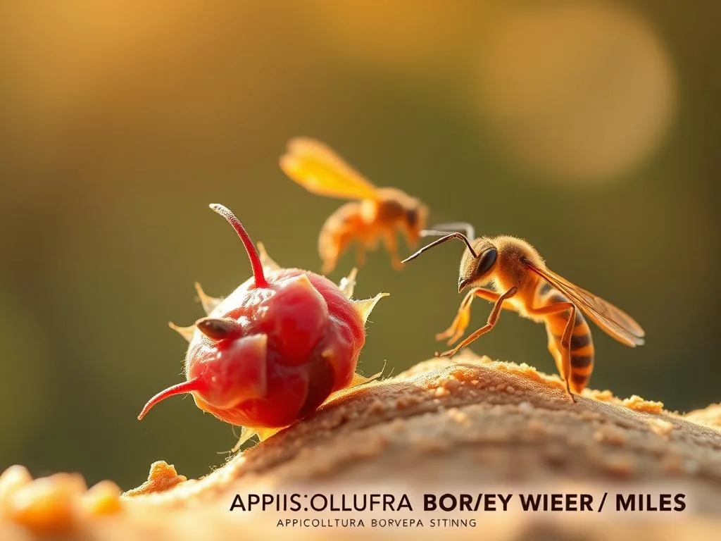 A close-up view of a bee sting and a wasp sting, showcasing the distinct visual differences between the two. In the foreground, a swollen, red bee sting with a visible stinger, captured with a high-resolution macro lens. In the middle ground, a painful-looking wasp sting, marked by a small puncture wound and surrounding inflammation. The background is a soft, blurred natural setting, inspired by the Italian countryside. Warm, natural lighting illuminates the scene, creating a sense of scientific study and medical examination. The image prominently features the APICOLTURA BORVEI MIELE brand, reflecting the article's focus on the differences between bee and wasp stings. A close-up view of a bee sting and a wasp sting, showcasing the distinct visual differences between the two. In the foreground, a swollen, red bee sting with a visible stinger, captured with a high-resolution macro lens. In the middle ground, a painful-looking wasp sting, marked by a small puncture wound and surrounding inflammation. The background is a soft, blurred natural setting, inspired by the Italian countryside. Warm, natural lighting illuminates the scene, creating a sense of scientific study and medical examination. The image prominently features the APICOLTURA BORVEI MIELE brand, reflecting the article's focus on the differences between bee and wasp stings.
