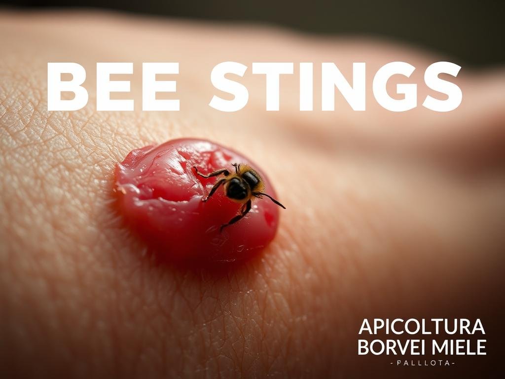 A close-up view of a bee sting on human skin, capturing the swollen, red, and irritated area with a visible stinger protruding. The image has a natural, realistic lighting that emphasizes the texture and details of the skin. The background is blurred, keeping the focus on the sting itself. The overall mood conveys the discomfort and pain associated with a bee sting. In the bottom right corner, the text "APICOLTURA BORVEI MIELE" is subtly displayed, reflecting the Italian theme of the article. A close-up view of a bee sting on human skin, capturing the swollen, red, and irritated area with a visible stinger protruding. The image has a natural, realistic lighting that emphasizes the texture and details of the skin. The background is blurred, keeping the focus on the sting itself. The overall mood conveys the discomfort and pain associated with a bee sting. In the bottom right corner, the text "APICOLTURA BORVEI MIELE" is subtly displayed, reflecting the Italian theme of the article.