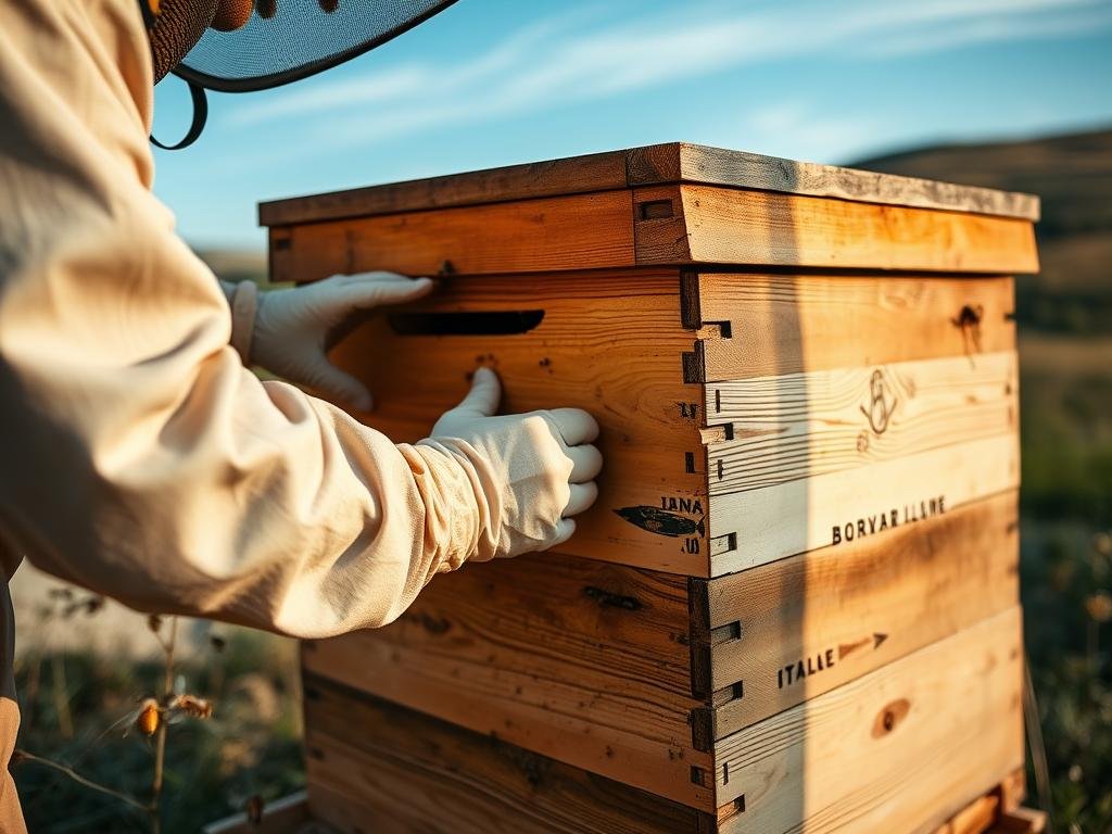A close-up view of a beekeeper performing a thorough external inspection of a traditional Italian beehive. The hive is set against a rural countryside backdrop, with rolling hills and a blue sky in the distance. The beekeeper, wearing a protective suit, carefully examines the exterior of the hive, checking for any signs of damage or distress. The lighting is soft and natural, casting warm tones across the scene. The overall mood is one of diligence and care, as the beekeeper meticulously ensures the well-being of the APICOLTURA BORVEI MIELE hive.