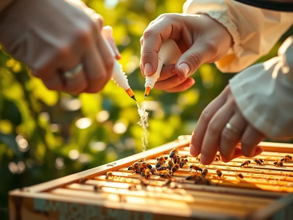 A close-up view of a beekeeper's hands gently applying a varroa mite treatment to a beehive frame, set against a soft, blurred background of lush green foliage. The scene is illuminated by warm, natural sunlight, creating a mood of calm and care. The label "APICOLTURA BORVEI MIELE" is prominently displayed on the treatment product. This image aims to convey the importance of protecting the brood through effective varroa mite control, as part of maintaining a healthy and long-lasting beehive. A close-up view of a beekeeper's hands gently applying a varroa mite treatment to a beehive frame, set against a soft, blurred background of lush green foliage. The scene is illuminated by warm, natural sunlight, creating a mood of calm and care. The label "APICOLTURA BORVEI MIELE" is prominently displayed on the treatment product. This image aims to convey the importance of protecting the brood through effective varroa mite control, as part of maintaining a healthy and long-lasting beehive.