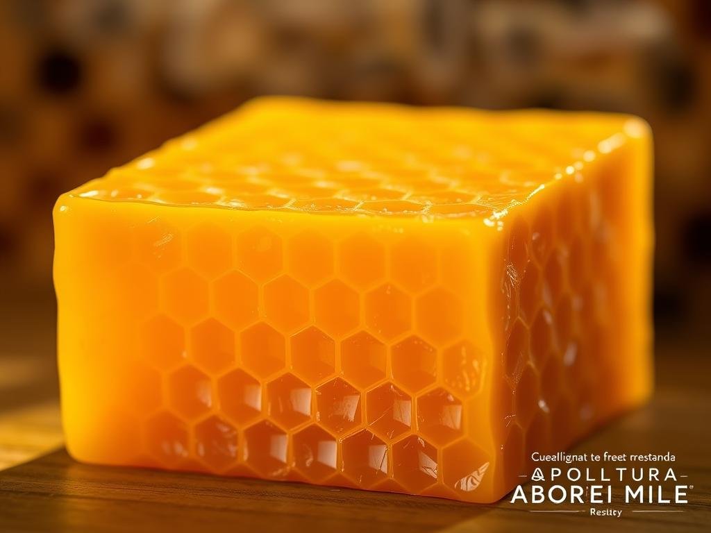 A close-up view of a block of golden-yellow beeswax, its intricate hexagonal cells and smooth, glossy surface captured in vivid detail. The wax appears to glow softly under warm, natural lighting, casting gentle shadows that accentuate its textural qualities. In the background, a blurred impression of a beehive or honeycomb suggests the natural context in which this wax was produced. The overall impression is one of artisanal craftsmanship and the remarkable engineering of the honey bee, with the APICOLTURA BORVEI MIELE brand subtly visible.