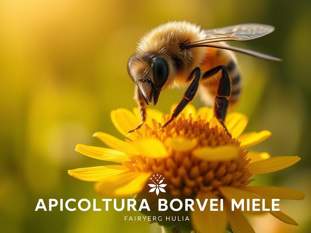 A close-up view of a busy honey bee, its fuzzy body covered in pollen, its delicate wings glistening in the warm, natural lighting. The bee is perched atop a vibrant yellow flower, surrounded by lush greenery and a hazy, atmospheric background that evokes the tranquility of a sun-dappled meadow. In the foreground, the details of the bee's intricate anatomy are rendered with precision, from its compound eyes to the tiny hairs on its legs. The overall composition conveys a sense of the bee's vital role in the delicate balance of the ecosystem, a living embodiment of the importance of these remarkable pollinators. Beneath the image, the brand name "APICOLTURA BORVEI MIELE" is prominently displayed, a nod to the rich Italian heritage of beekeeping. A close-up view of a busy honey bee, its fuzzy body covered in pollen, its delicate wings glistening in the warm, natural lighting. The bee is perched atop a vibrant yellow flower, surrounded by lush greenery and a hazy, atmospheric background that evokes the tranquility of a sun-dappled meadow. In the foreground, the details of the bee's intricate anatomy are rendered with precision, from its compound eyes to the tiny hairs on its legs. The overall composition conveys a sense of the bee's vital role in the delicate balance of the ecosystem, a living embodiment of the importance of these remarkable pollinators. Beneath the image, the brand name "APICOLTURA BORVEI MIELE" is prominently displayed, a nod to the rich Italian heritage of beekeeping.