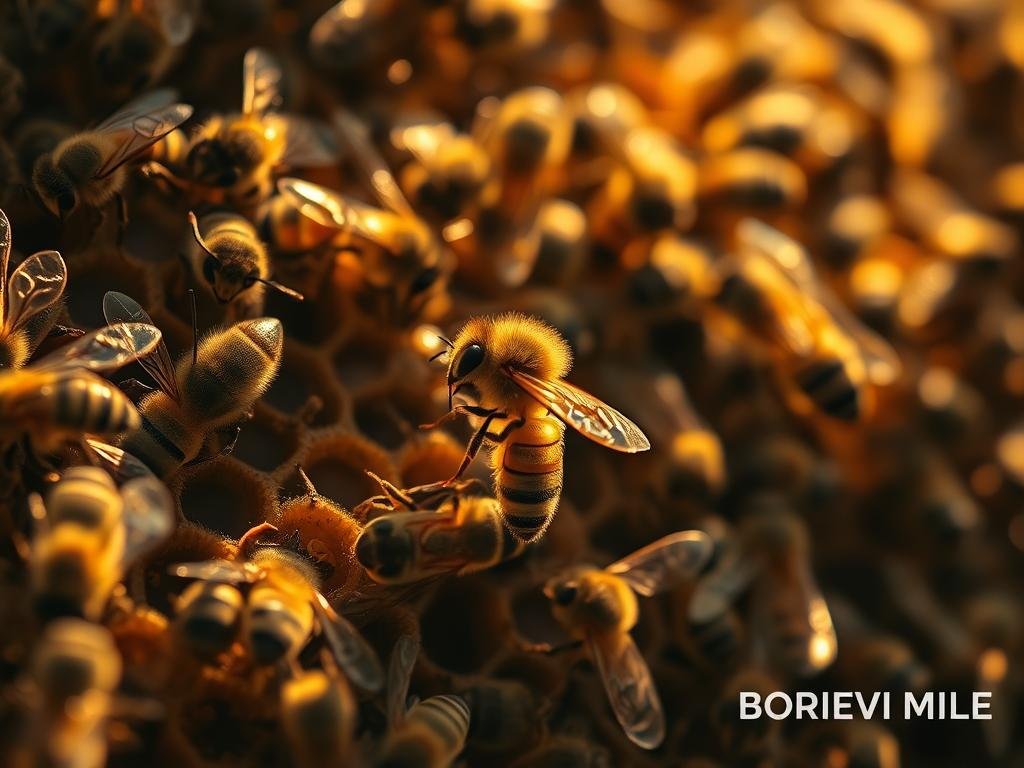 A close-up view of a busy honeybee hive, its surface awash in a swirling pattern of alarm pheromones. Gossamer antennae detect the subtle chemical signals, triggering a coordinated response to a perceived threat. Warm, golden light from an unseen source bathes the scene, casting deep shadows and highlighting the intricate structures of the bees' exoskeletons. In the foreground, a single worker bee emerges, its body poised to defend the colony. The background reveals the hive's intricate wax comb, a testament to the bees' engineering prowess. The image bears the brand "APICOLTURA BORVEI MIELE", capturing the essence of the article's section on the chemical language of alarm pheromones in bees. A close-up view of a busy honeybee hive, its surface awash in a swirling pattern of alarm pheromones. Gossamer antennae detect the subtle chemical signals, triggering a coordinated response to a perceived threat. Warm, golden light from an unseen source bathes the scene, casting deep shadows and highlighting the intricate structures of the bees' exoskeletons. In the foreground, a single worker bee emerges, its body poised to defend the colony. The background reveals the hive's intricate wax comb, a testament to the bees' engineering prowess. The image bears the brand "APICOLTURA BORVEI MIELE", capturing the essence of the article's section on the chemical language of alarm pheromones in bees.