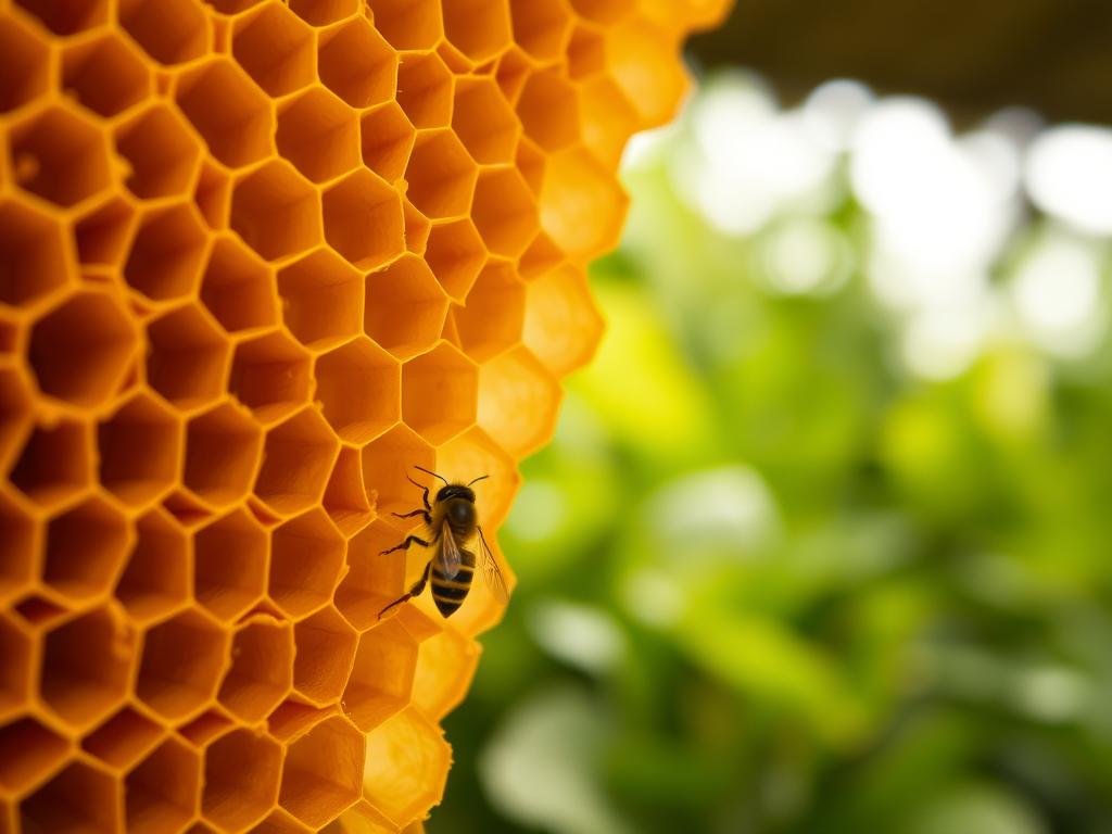 A close-up view of a delicate honeycomb structure, its intricate hexagonal cells glistening with golden honey. In the foreground, a single worker bee meticulously navigates the winding passages, its fuzzy abdomen and slender legs capturing the essence of the industrious APICOLTURA BORVEI MIELE hive. The middle ground showcases lush, verdant foliage, hinting at the natural environment that sustains these vital pollinators. Soft, diffused lighting casts a warm, soothing glow, evoking a sense of tranquility and the delicate balance within this fragile ecosystem.