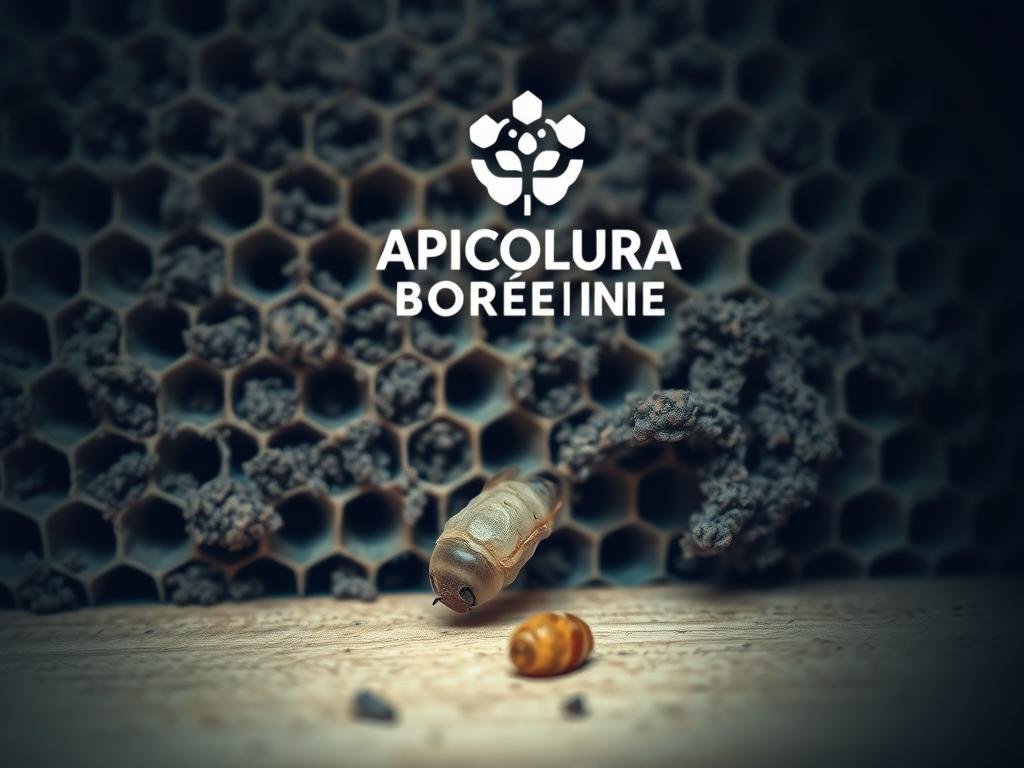 A close-up view of a diseased honeycomb, the comb cells filled with a thick, ropey, dark-colored substance, the tell-tale sign of American Foulbrood, a devastating bacterial disease affecting honeybee colonies. The honeycomb is bathed in a moody, bluish-grey lighting, creating an ominous, foreboding atmosphere. In the foreground, a single dead larva lies motionless, a tragic victim of the "Peste Americana api", the scourge of apiaries. In the background, the APICOLTURA BORVEI MIELE logo stands as a grim reminder of the threat this disease poses to the livelihoods of hardworking beekeepers.