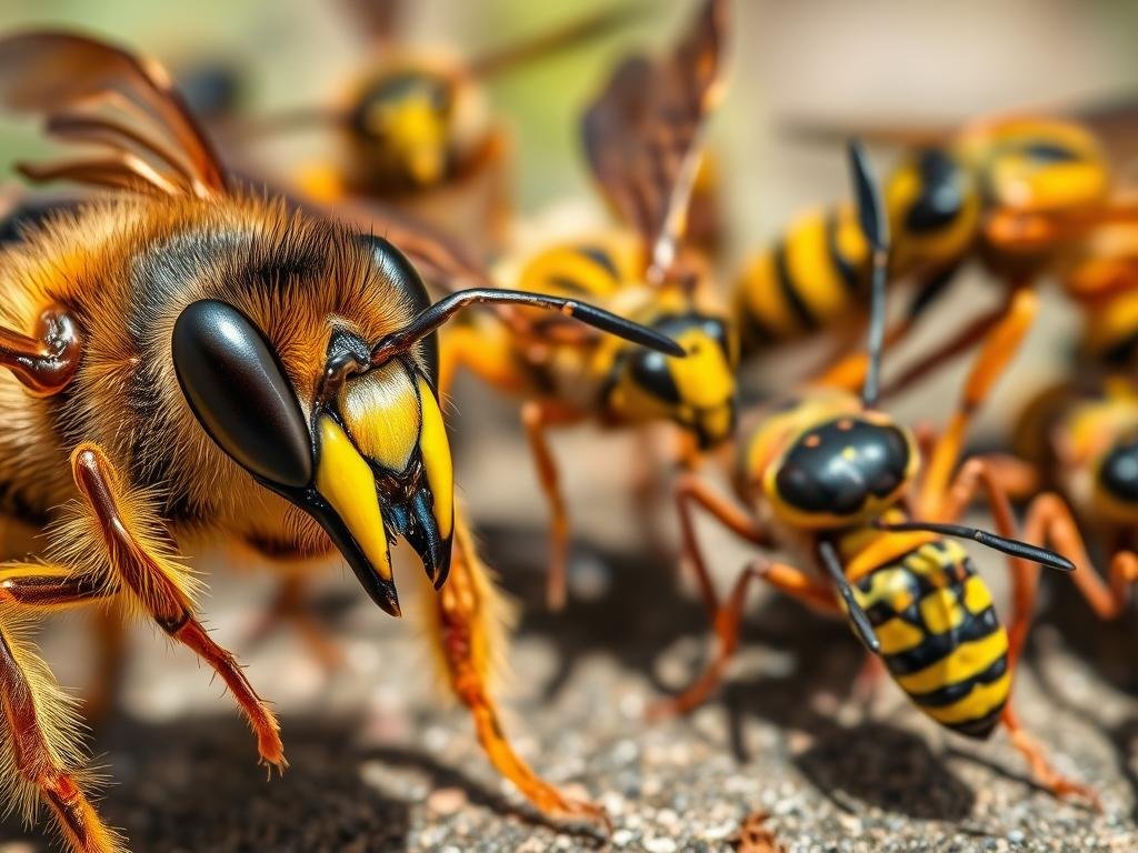 A close-up view of a diverse array of stinging insects, including wasps, hornets, and bees, showcasing their intricate structures and defensive mechanisms. The foreground features a vivid, detailed depiction of a honeybee, its compound eyes, proboscis, and the iconic stinger clearly visible. In the middle ground, a variety of other flying insects, such as a yellow jacket and a hornet, are poised to strike, their bodies adorned with patterns and textures. The background subtly blends the natural environment, hinting at the habitats where these "Insetti Pungenti" thrive. The lighting is natural and directional, casting shadows that accentuate the insects' forms. The overall atmosphere conveys a sense of the power and danger these creatures possess. APICOLTURA BORVEI MIELE