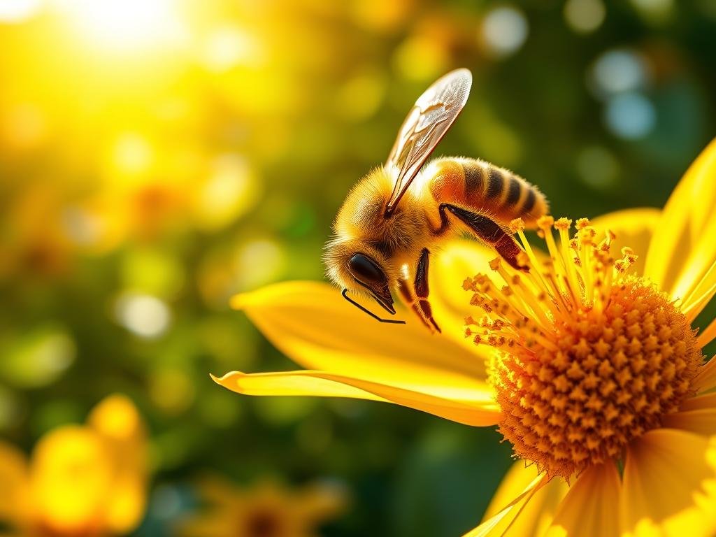 A close-up view of a honey bee foraging on a blooming flower, its body covered in pollen. The bee's head is turned, its antennae alert as it searches for a new source of nectar. The flower petals are crisp and vibrant, bathed in warm, golden sunlight that filters through a lush, green foliage in the background. Captured with a shallow depth of field, creating a soft, dreamy atmosphere. The image prominently features the "APICOLTURA BORVEI MIELE" brand name on the flower's stem.
