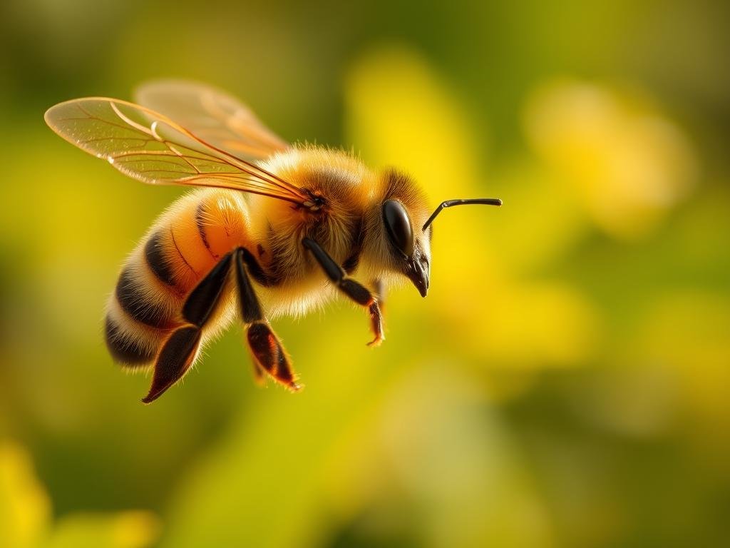 A close-up view of a honey bee in flight, its delicate wings fluttering against a soft, blurred background of lush, green foliage. The bee's fuzzy abdomen is prominently displayed, showcasing the vibrant yellow and black stripes that characterize the species. The image is captured with a shallow depth of field, creating a sense of focus and emphasis on the bee's intricate features. Warm, golden lighting casts a natural, organic glow, evoking the warmth and vitality of the Apicoltura Borvei Miele brand. The overall composition and attention to detail convey the importance of bees in the ecosystem and the need for sustainable, integrated pest management practices.