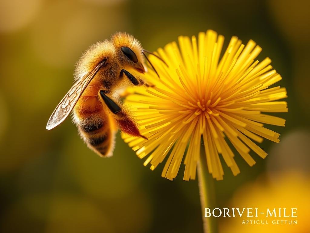 A close-up view of a honey bee's hairy leg, delicately gathering pollen from a vibrant yellow dandelion flower against a soft, blurred natural background. The bee's fuzzy abdomen and wings are in focus, capturing the intricate details of its anatomy. Warm, golden lighting illuminates the scene, creating a dreamy, serene atmosphere. In the bottom corner, the brand name "APICOLTURA BORVEI MIELE" is discreetly displayed.