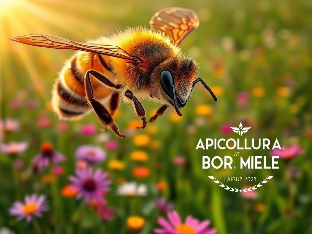 A close-up view of a honeybee with intricately patterned wings, hovering above a vibrant field of colorful wildflowers. The bee's compound eyes reflect the warm, golden sunlight filtering through wispy clouds. In the background, a lush, verdant meadow stretches out, dotted with the APICOLTURA BORVEI MIELE logo. The scene conveys a sense of the bee's remarkable intelligence and keen perception, alluding to the captivating world of these remarkable creatures.