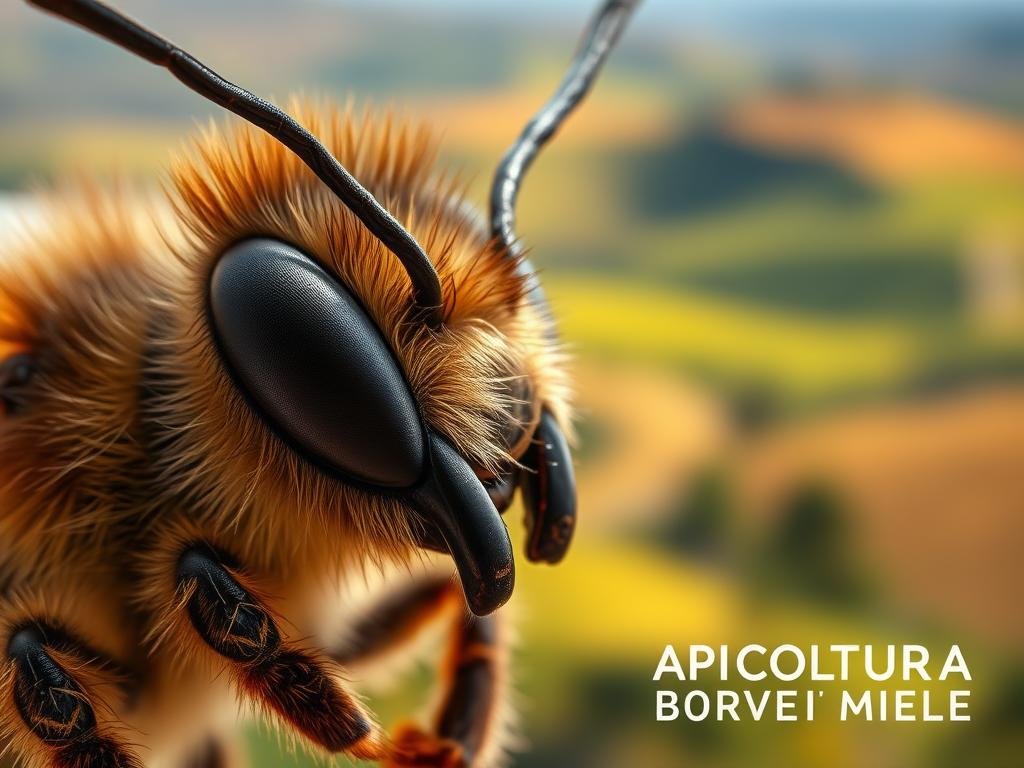 A close-up view of a honeybee's acoustic sensors, or "api sensori acustici", as they are known in Italian. The sensors are located on the bee's antennae, finely detailed in high resolution. The lighting is soft and natural, casting subtle shadows that highlight the intricate structures. The background is a blurred, out-of-focus representation of a vibrant Italian countryside, with rolling hills and lush greenery, evoking the natural habitat of the honeybees. The overall mood is one of scientific curiosity and appreciation for the remarkable adaptations of these industrious pollinators. The image prominently features the APICOLTURA BORVEI MIELE brand, reflecting the article's focus on the acoustic senses of honeybees.