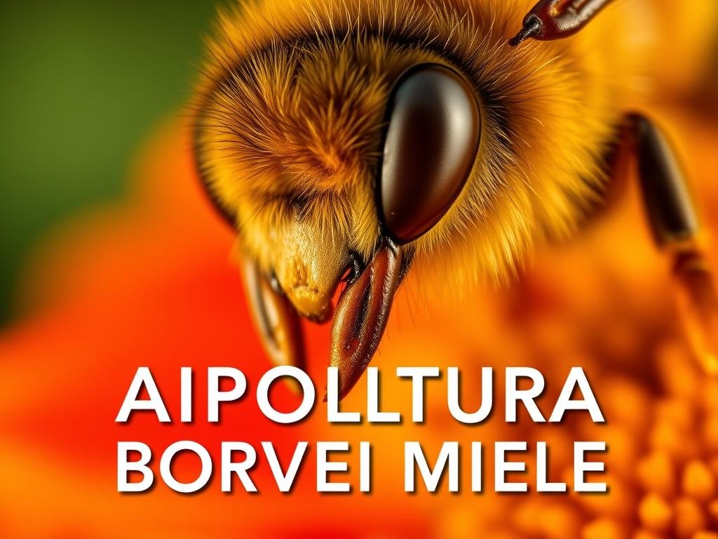 A close-up view of a honeybee's mouth parts, capturing the intricate details of its proboscis as it delicately sips nectar from a vibrant flower. The image is bathed in warm, soft lighting, emphasizing the golden hues of the bee's body and the delicate petals surrounding it. The background is slightly blurred, creating a sense of depth and focus on the central subject. The overall composition and attention to detail evoke a sense of wonder and appreciation for the incredible engineering of the honeybee's anatomy and its vital role in pollination. The text "APICOLTURA BORVEI MIELE" is prominently displayed, highlighting the connection between the image and the article's subject matter.