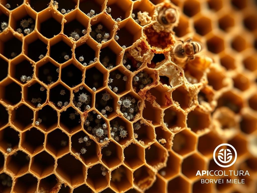 A close-up view of a honeycomb infected with a viral pathogen, depicting the "API virus" under a high-powered microscope. The foreground showcases the intricate hexagonal structure of the comb, with individual cells densely packed and teeming with a swarm of microscopic viral particles. The middle ground reveals the deterioration and discoloration of the comb, suggesting the devastating impact of the viral infection. The background is blurred, creating a sense of focus on the damaged comb. The lighting is crisp and clinical, highlighting the technical nature of the scene. The overall mood conveys a sense of concern and the urgency to understand and address this critical issue affecting the health of honeybees. The APICOLTURA BORVEI MIELE logo is prominently displayed in the corner.