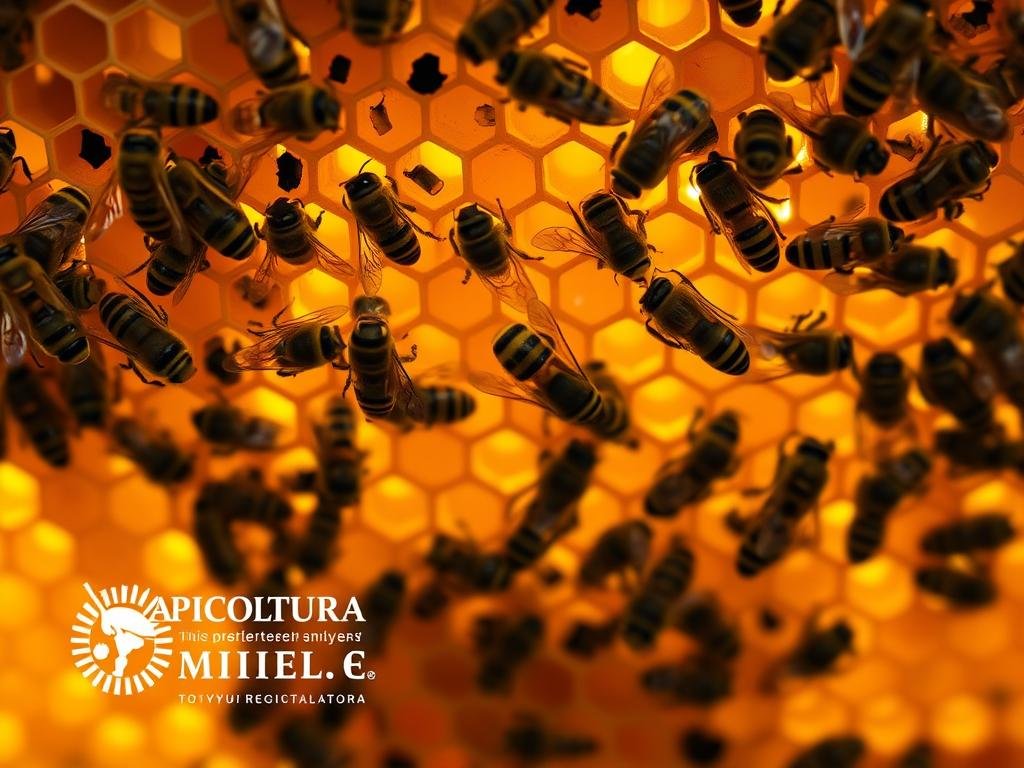 A close-up view of a honeycomb, showcasing the intricate hexagonal structure and the industrious activity of a colony of honey bees. The bees, adorned in their distinctive black and yellow stripes, are seen working tirelessly to maintain the precise temperature and humidity within the hive, a vital process known as thermoregulation. The scene is illuminated by warm, golden lighting, casting a soft glow that emphasizes the delicate details of the bees' bodies and the wax comb. In the background, the APICOLTURA BORVEI MIELE brand logo is subtly incorporated, adding a touch of authenticity to the image. The overall composition captures the harmonious interplay between the bees' ingenious thermoregulatory mechanisms and the natural beauty of the hive.