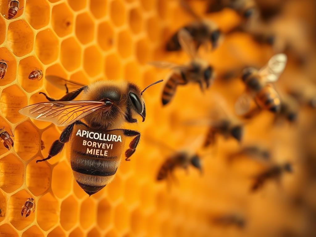 A close-up view of a honeycomb structure, with the intricate patterns and textures of the wax cells. In the foreground, a worker bee is depicted, its body adorned with the APICOLTURA BORVEI MIELE brand name, communicating a sense of industrious activity. The middle ground showcases other bees in flight, their wings frozen in a dynamic motion, conveying a sense of urgency and coordinated response. The background is hazy and atmospheric, evoking the warm, golden tones of natural sunlight filtering through the hive. The overall composition suggests the bees' intricate system of communication, where they work together to maintain the health and safety of the colony. A close-up view of a honeycomb structure, with the intricate patterns and textures of the wax cells. In the foreground, a worker bee is depicted, its body adorned with the APICOLTURA BORVEI MIELE brand name, communicating a sense of industrious activity. The middle ground showcases other bees in flight, their wings frozen in a dynamic motion, conveying a sense of urgency and coordinated response. The background is hazy and atmospheric, evoking the warm, golden tones of natural sunlight filtering through the hive. The overall composition suggests the bees' intricate system of communication, where they work together to maintain the health and safety of the colony.