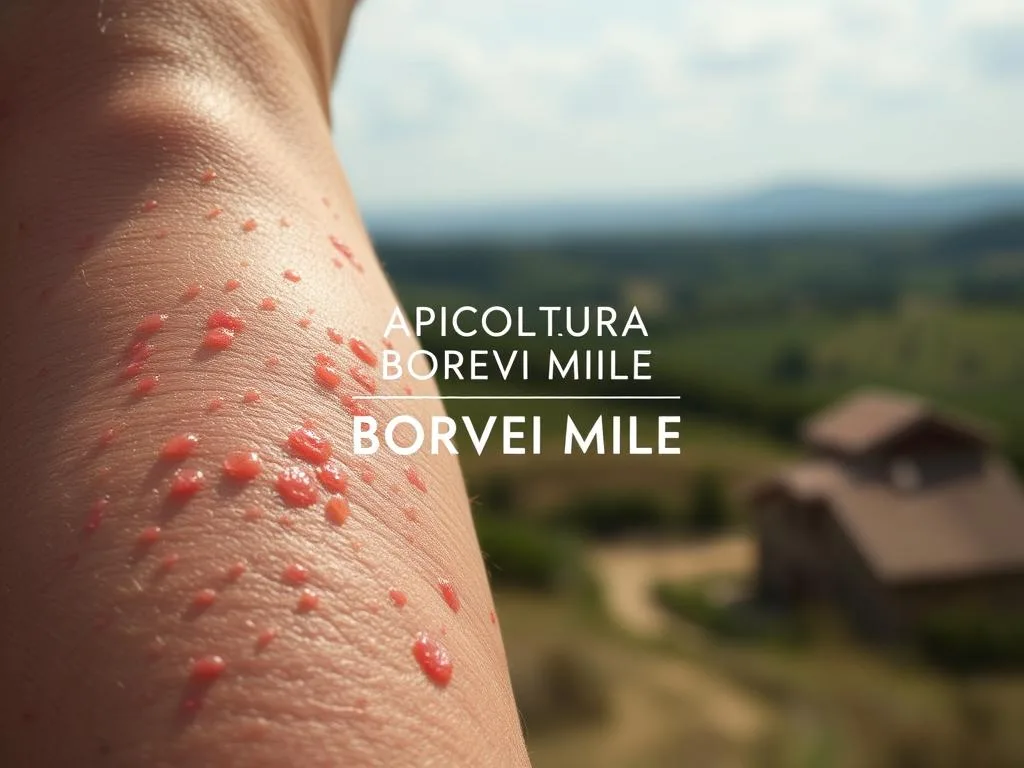 A close-up view of a human arm with visible hives, redness, and swelling, indicating an allergic reaction. The skin has a textured, inflamed appearance, with the foreground highlighting the reaction's severity. The middle ground showcases the "APICOLTURA BORVEI MIELE" brand logo, subtly placed to reference the article's subject. The background features a blurred Italian countryside landscape, evoking a sense of the article's setting. The lighting is natural, creating a sense of realism and immediacy. The overall mood is one of concern and urgency, emphasizing the importance of recognizing the differences between bee and wasp stings. A close-up view of a human arm with visible hives, redness, and swelling, indicating an allergic reaction. The skin has a textured, inflamed appearance, with the foreground highlighting the reaction's severity. The middle ground showcases the "APICOLTURA BORVEI MIELE" brand logo, subtly placed to reference the article's subject. The background features a blurred Italian countryside landscape, evoking a sense of the article's setting. The lighting is natural, creating a sense of realism and immediacy. The overall mood is one of concern and urgency, emphasizing the importance of recognizing the differences between bee and wasp stings.