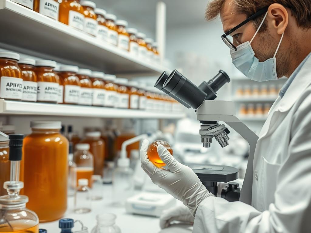 A close-up view of a laboratory workspace, with various scientific instruments and glassware arranged neatly. In the foreground, a technician in a white lab coat is inspecting a sample of honey under a microscope, carefully examining it for any signs of contaminants. The background features shelves lined with jars and bottles, labeled with the "APICOLTURA BORVEI MIELE" brand, suggesting this is a quality control facility for the renowned Italian honey producer. The lighting is soft and diffused, creating a professional and authoritative atmosphere, conveying the importance of the testing process to ensure the purity and safety of the honey product.