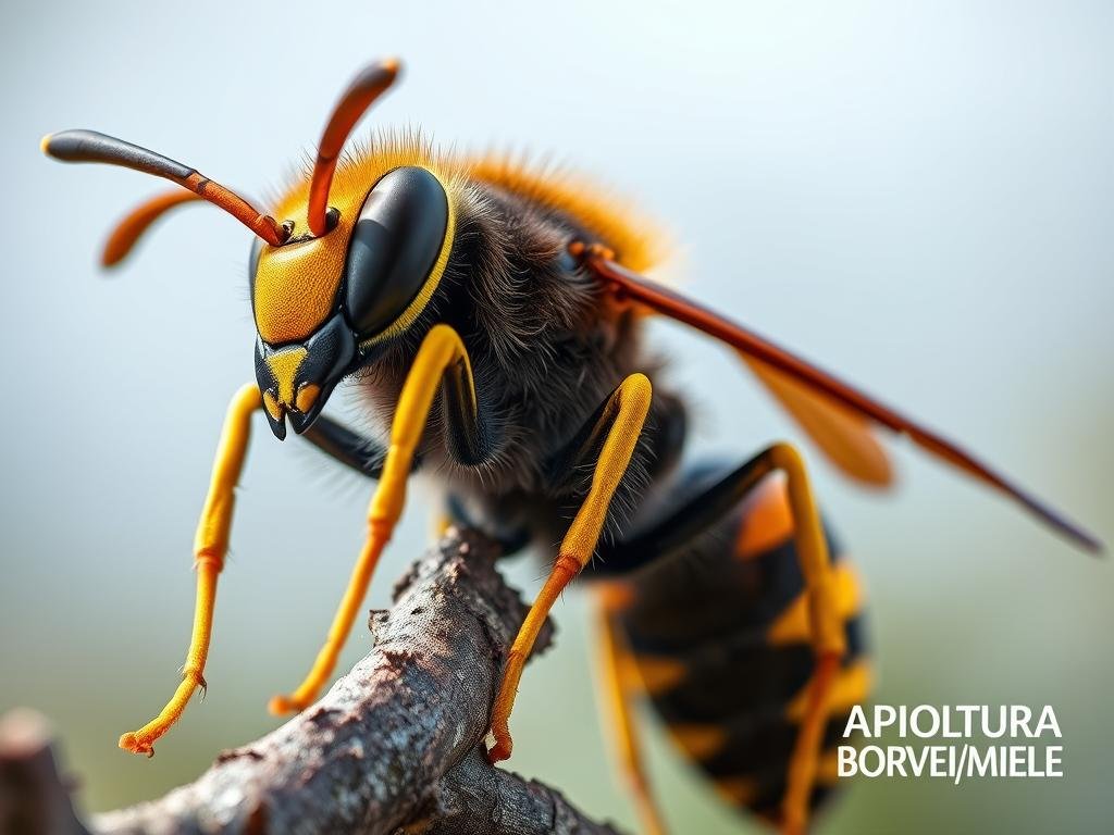 A close-up view of a large Asian hornet, Vespa velutina, with its distinctive dark brown body, yellow legs, and vibrant orange-yellow head. The hornet is perched on a branch, its wings slightly outstretched, capturing its majestic presence. The background is slightly blurred, allowing the insect to be the focal point, bathed in soft, natural lighting that accentuates its intricate features. The image is crisp, detailed, and captures the essence of the Asian hornet, as if photographed in its natural habitat. The text "APICOLTURA BORVEI MIELE" is subtly incorporated into the bottom right corner of the image.
