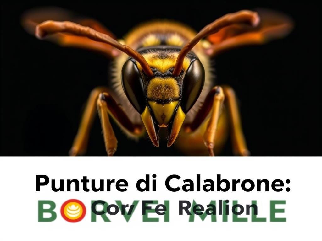 A close-up view of a menacing European hornet, Vespa crabro, with its pointed stinger prominently displayed. The hornet is set against a dark, moody background that evokes a sense of danger and foreboding. The lighting is dramatic, casting deep shadows and highlights the hornet's intricate exoskeleton and formidable appearance. In the foreground, the APICOLTURA BORVEI MIELE logo stands as a testament to the potential hazards these insects pose to beekeepers and the public. This image effectively captures the essence of the "Punture di Calabrone: Sintomi e Reazioni" section, conveying the seriousness of hornet stings and the need for caution.