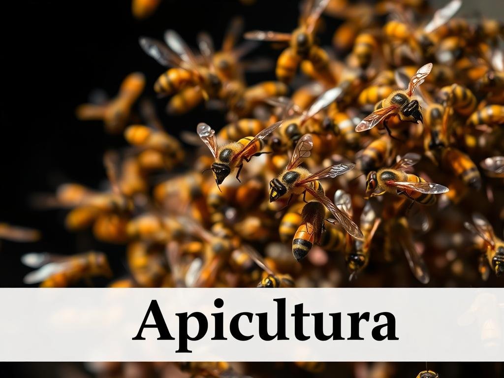 A close-up view of a swarm of various stinging insects, including wasps, hornets, and bees, against a blurred background. The insects are captured in mid-flight, their bodies and wings sharply defined, with a sense of movement and danger. The lighting is dramatic, casting long shadows and highlighting the vibrant colors and textures of the insects' exoskeletons. The overall mood is one of tension and unease, reflecting the "Pericoli e Rischi delle Punture" theme. In the foreground, the Apicoltura logo stands as a symbol of the article's focus on the differences between wasps, hornets, and honeybees.