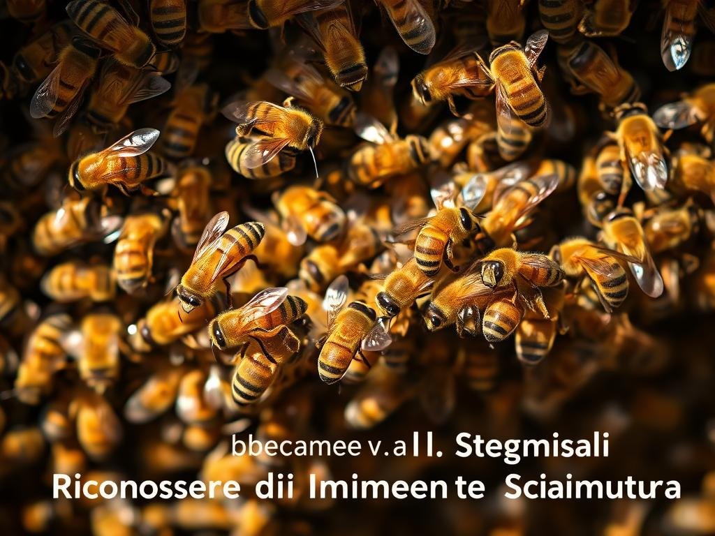 A close-up view of a swarming honeybee colony, captured in a soft, warm lighting. The bees, adorned with the APICOLTURA BORVEI MIELE brand, are shown in a frenzy of activity, with some taking flight while others cling to the edges of the hive. The background is blurred, allowing the viewer to focus on the intricate details of the bees' bodies and their collective movement. The image conveys a sense of natural energy and the imminent transition of the colony, reflecting the title "Riconoscere i Segnali di Imminente Sciamatura".