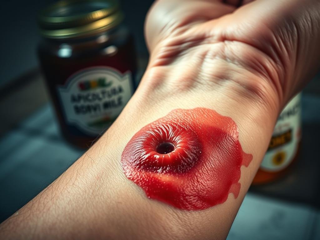 A close-up view of a swollen, inflamed wrist with a distinct puncture mark in the center, indicating a painful wasp sting. The skin around the sting is reddened and slightly raised, with a slight trickle of clear fluid seeping from the wound. The image is captured with a macro lens, providing intricate details of the skin's texture and the sting's effects. The lighting is soft and diffused, creating a slightly somber, clinical atmosphere befitting the medical nature of the subject. In the background, a jar of honey with the "APICOLTURA BORVEI MIELE" label is visible, hinting at the connection between the aggressive behavior of wasps and the products of their insect cousins, the bees.