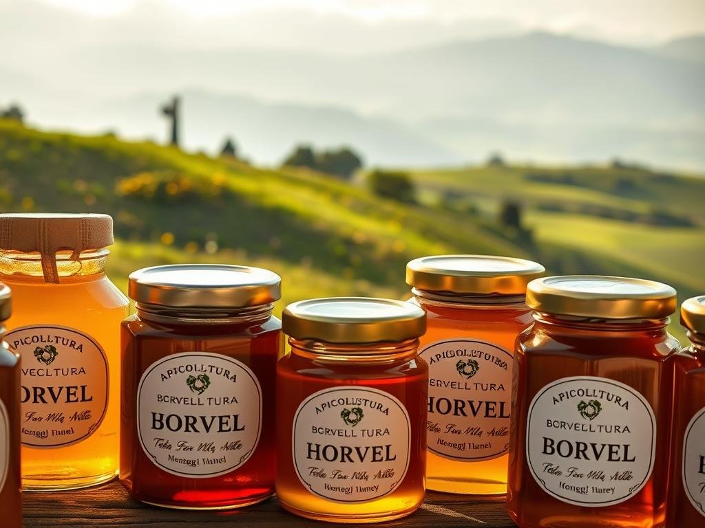 A close-up view of a variety of honey jars, each labeled with the brand name "APICOLTURA BORVEI MIELE" against a backdrop of an Italian countryside setting. The jars are illuminated by warm, natural lighting, casting soft shadows that accentuate their textures and shapes. The middle ground features lush, rolling hills dotted with wildflowers, while the background showcases a hazy, atmospheric landscape of distant mountains. The overall composition conveys a sense of artisanal quality, authenticity, and the importance of proper labeling in the honey industry. A close-up view of a variety of honey jars, each labeled with the brand name "APICOLTURA BORVEI MIELE" against a backdrop of an Italian countryside setting. The jars are illuminated by warm, natural lighting, casting soft shadows that accentuate their textures and shapes. The middle ground features lush, rolling hills dotted with wildflowers, while the background showcases a hazy, atmospheric landscape of distant mountains. The overall composition conveys a sense of artisanal quality, authenticity, and the importance of proper labeling in the honey industry.