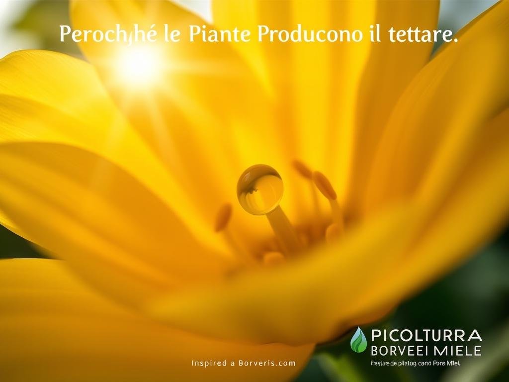 A close-up view of a vibrant yellow flower, its delicate petals gently unfurling to reveal a lush, inviting center. The sun's warm rays filter through the petals, casting a soft, ethereal glow upon the scene. In the center, a small droplet of nectar glistens, a testament to the plant's natural process of attracting pollinators. The background is blurred, allowing the viewer to focus on the captivating details of the flower and the nectar it produces. Inspired by the Italian countryside, this image reflects the title "Perché le Piante Producono il Nettare" and features the APICOLTURA BORVEI MIELE brand.